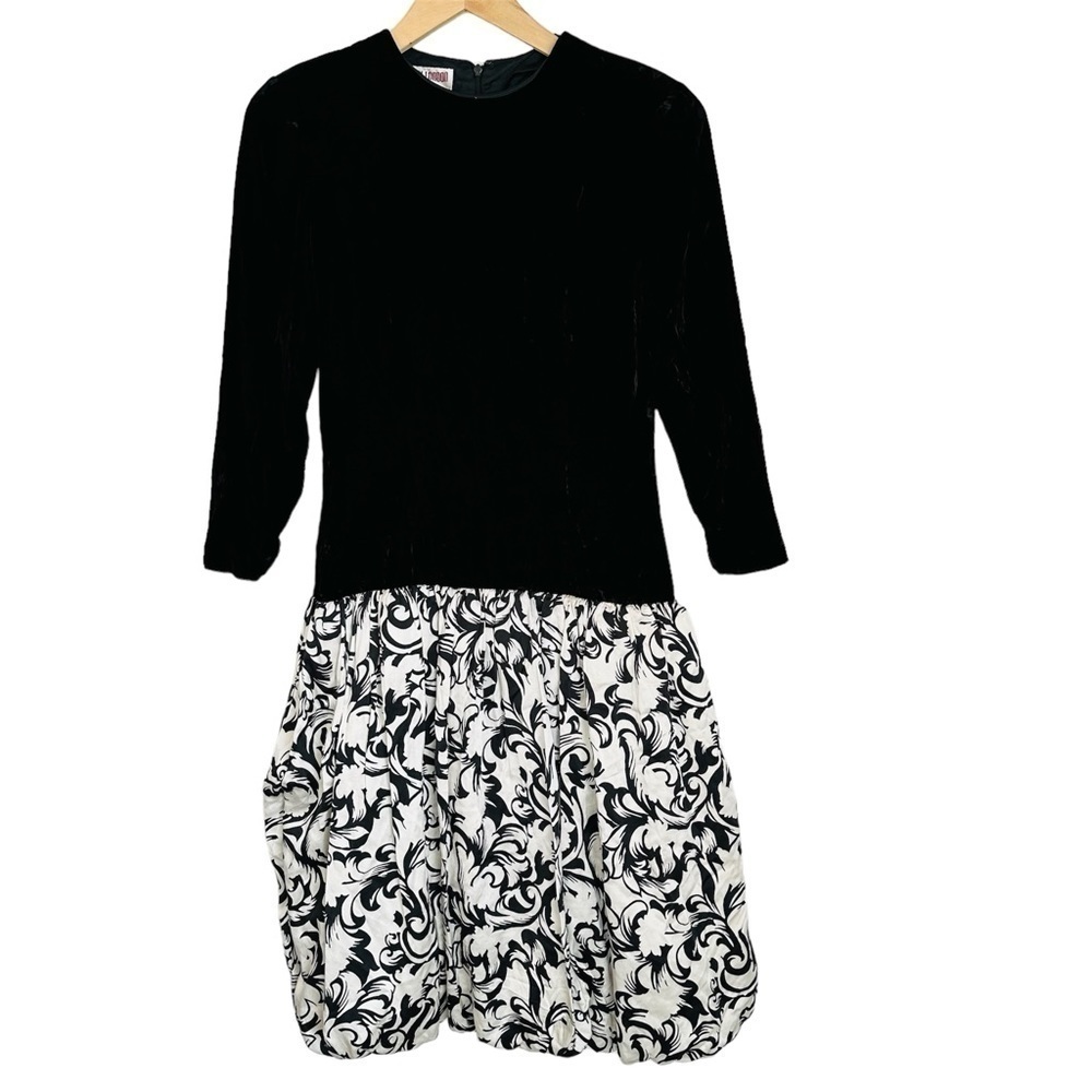 VTG Maggy London 90's Black and White Floral Long Sleeve Velvet Dress Bubble Hem - Picture 3 of 13